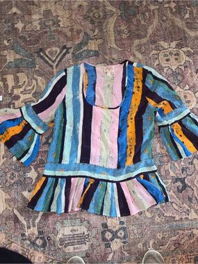 Plenty by Tracy Reese Striped Ruffle Hem 100% Silk Blouse in Multi Color